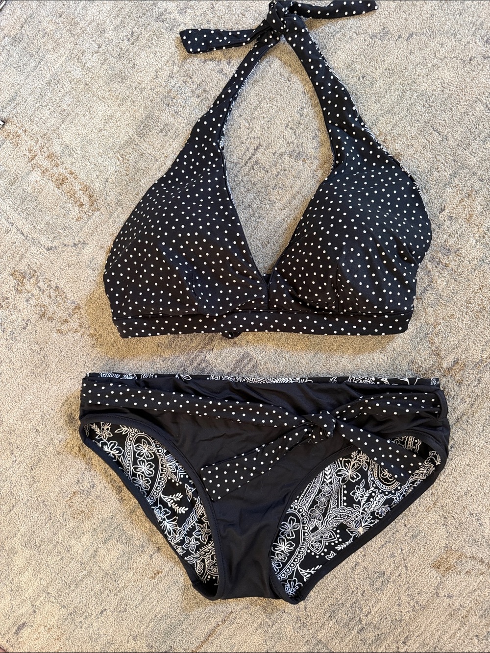 Reversible Black Polka Dot/Bandana print Halter Bikini Set - Women Swim Bikini
